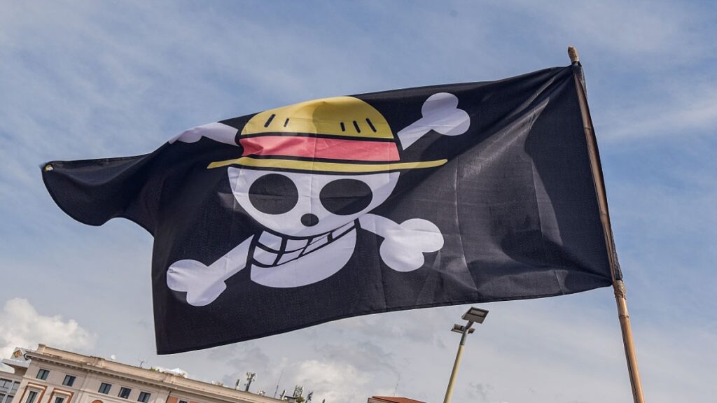 ROME, ITALY - 2025/09/22: A One Piece anime flag seen during the protest supporting Palestine and the Global Sumud Flotilla. (Photo by Vincenzo Nuzzolese/SOPA Images/LightRocket via Getty Images)